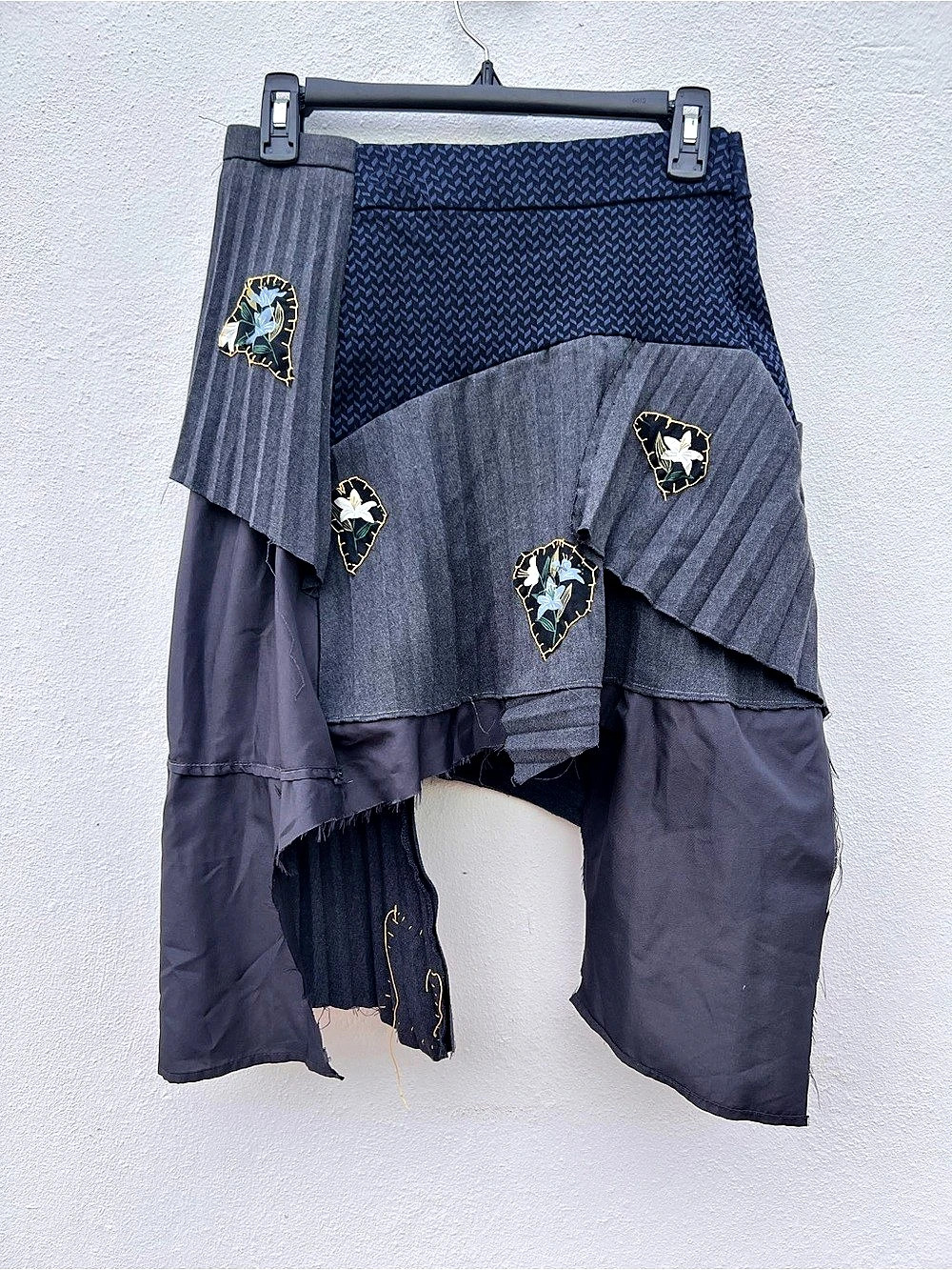 Upcycled handmade Asymmetrical Skirt in blue & Gray